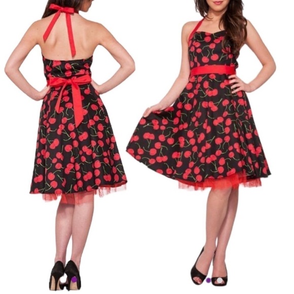 NWT Hearts & Roses Cherry Rockabilly Halter Swing Dress. Size 18 - Picture 1 of 11